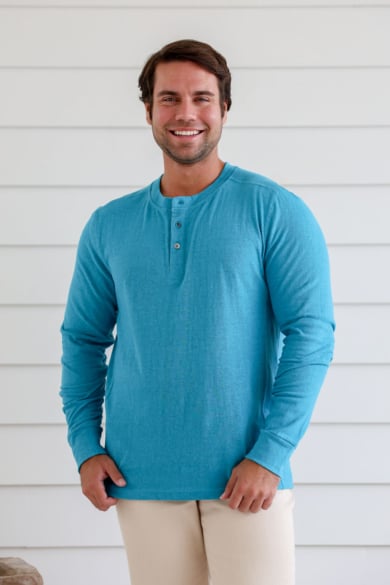 MEN'S HEMP COTTON LONG SLEEVES BUTTON TEE-BLUE