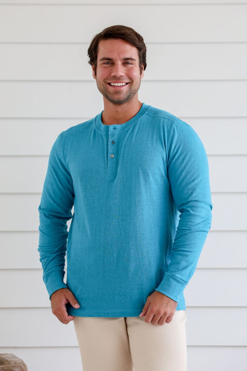 MEN'S HEMP COTTON LONG SLEEVES BUTTON TEE-BLUE