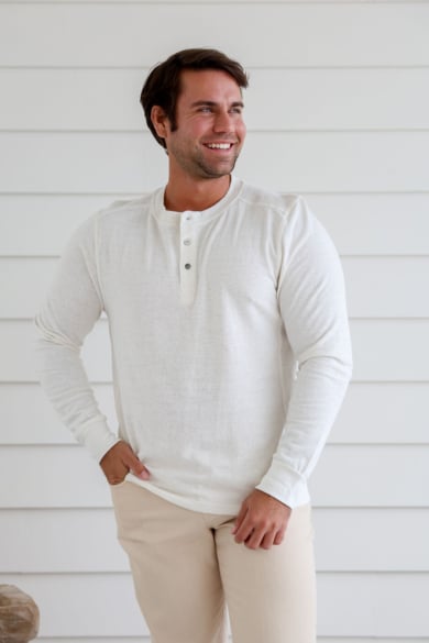 MEN'S HEMP COTTON LONG SLEEVES BUTTON TEE-BLUE