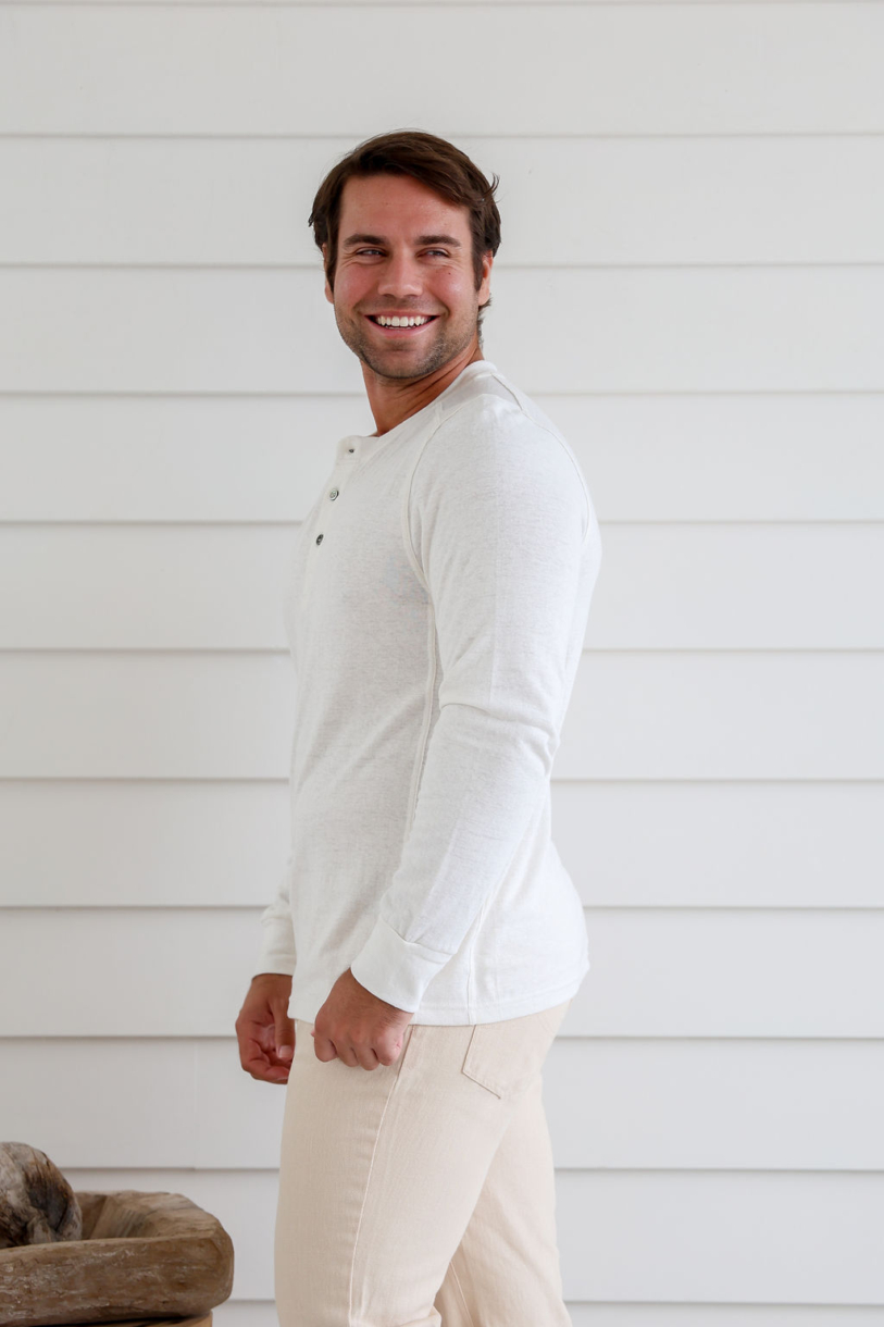 MEN'S HEMP COTTON LONG SLEEVES BUTTON TEE-BLUE