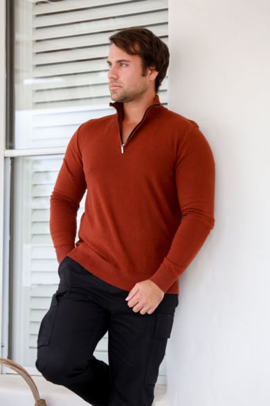 MEN'S HEMP COTTON KNIT ZIP SWEATE-RED