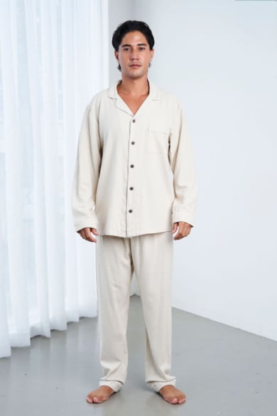 Unisex Hemp Rayon Long Sleeves Pajama Set-Natural