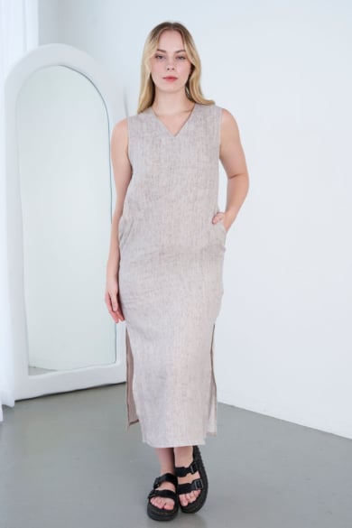 Ladies' Pure Hemp V Neck Split Dress-Beige