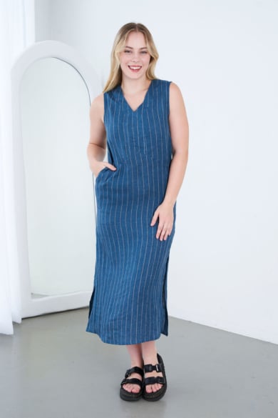 Ladies' Pure Hemp V Neck Split Dress-Beige