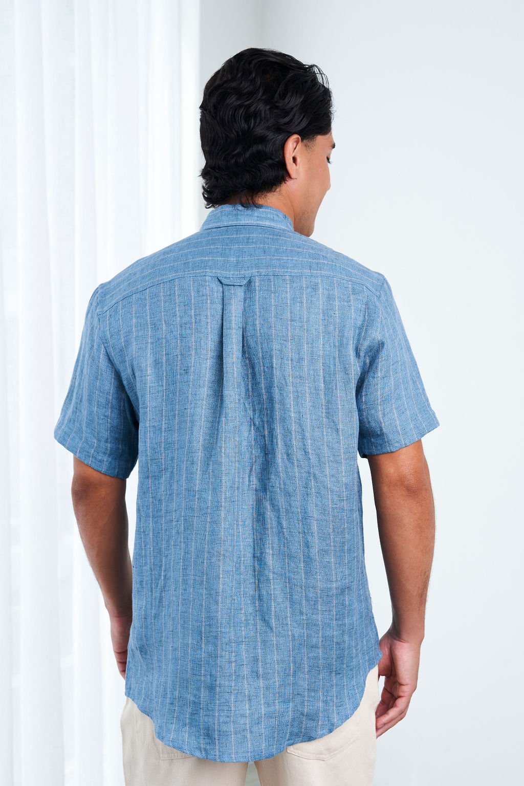 MEN'S 100%HEMP SHORT SLEEVES STRIPE SHIRT-BLUE