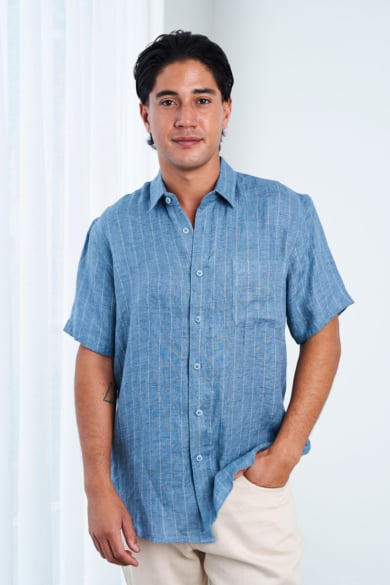 MEN'S 100%HEMP SHORT SLEEVES STRIPE SHIRT-BLUE