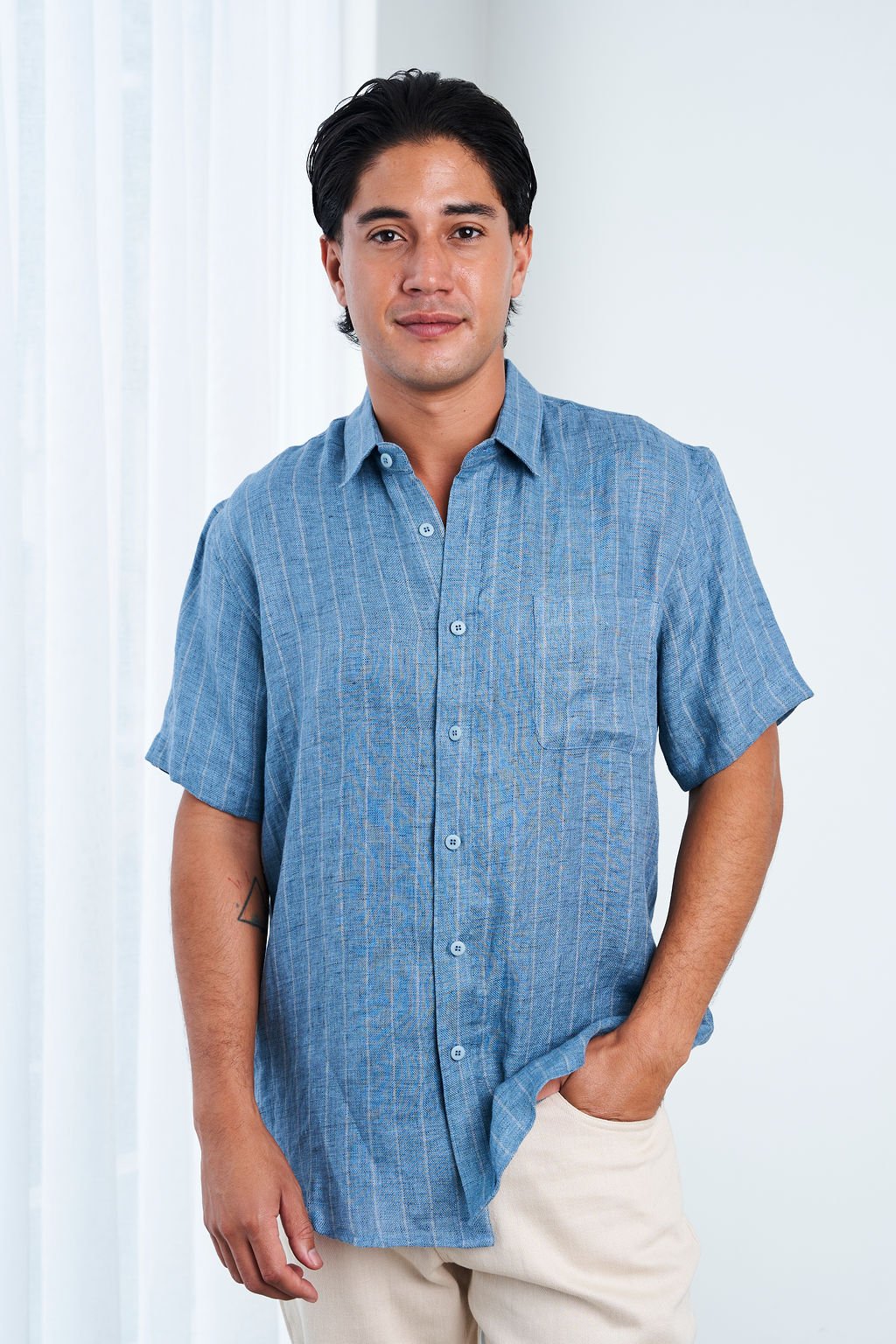 MEN'S 100%HEMP SHORT SLEEVES STRIPE SHIRT-BLUE