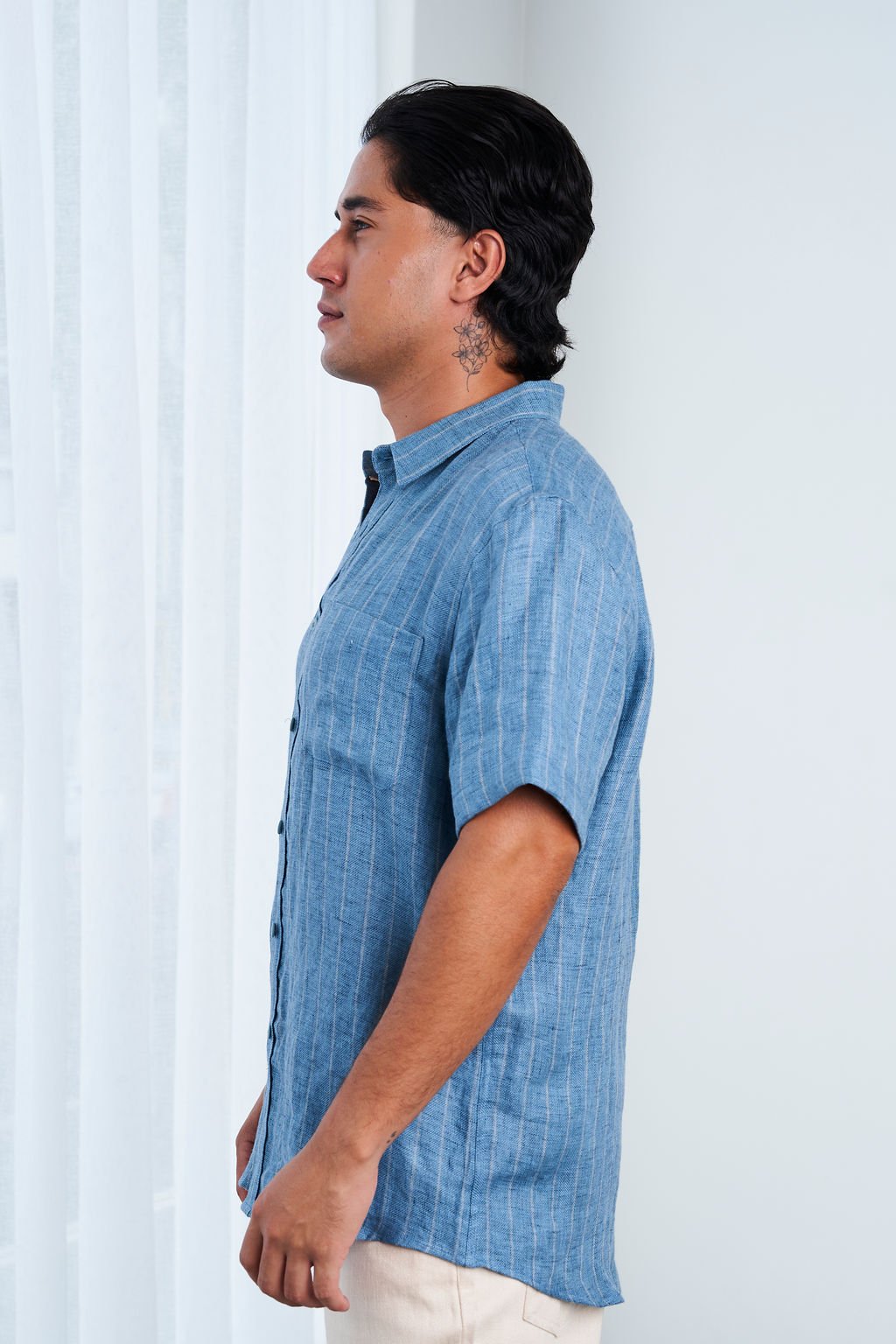 MEN'S 100%HEMP SHORT SLEEVES STRIPE SHIRT-BLUE