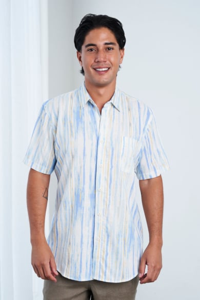 MEN'S 100%HEMP SHORT SLEEVES STRIPE SHIRT-BLUE