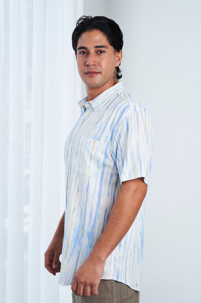 MEN'S 100%HEMP SHORT SLEEVES STRIPE SHIRT-BLUE
