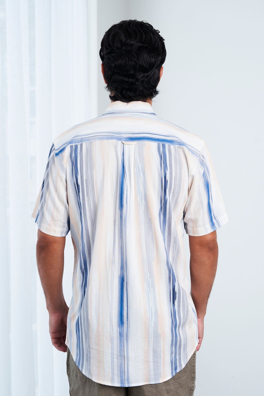 MEN'S 100%HEMP SHORT SLEEVES STRIPE SHIRT-BLUE