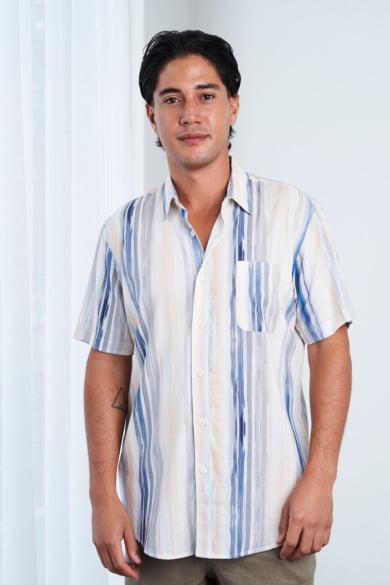 MEN'S 100%HEMP SHORT SLEEVES STRIPE SHIRT-BLUE