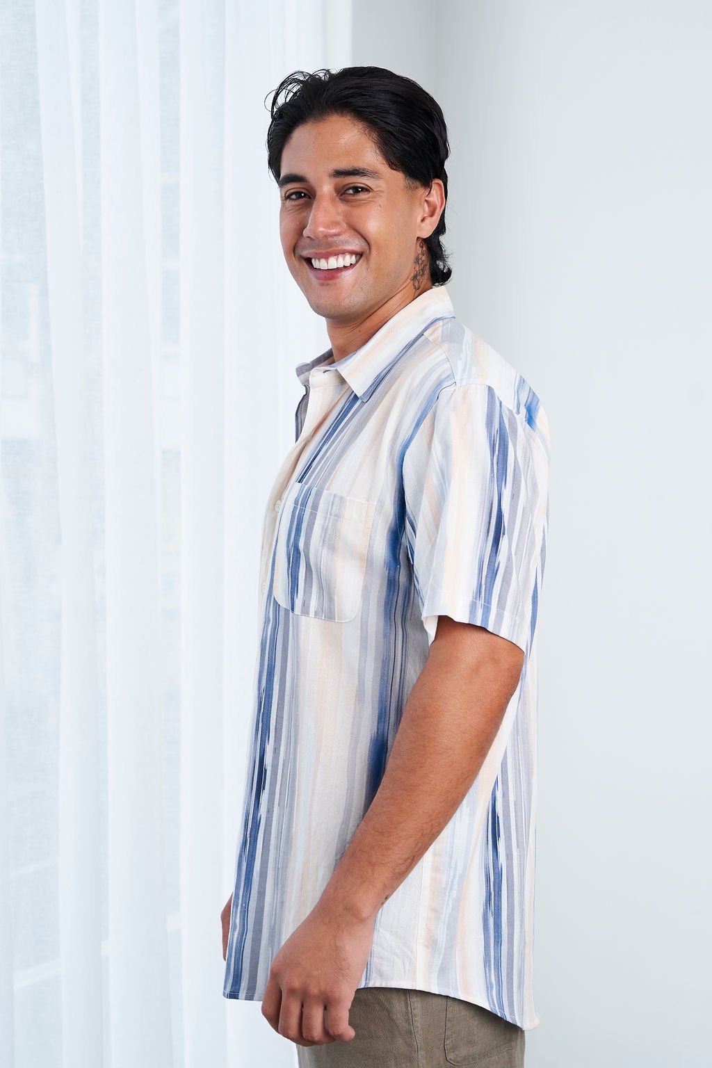MEN'S 100%HEMP SHORT SLEEVES STRIPE SHIRT-BLUE