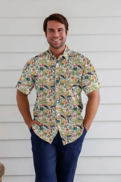 MEN'S HEMP COTTON FLORAL SHORT SLEEVES SHIRT