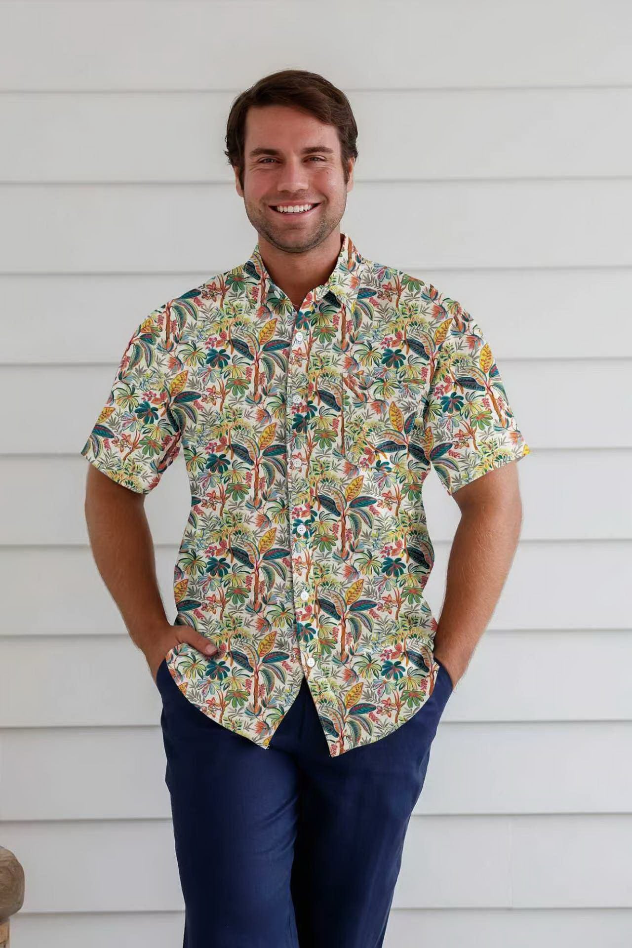 MEN'S HEMP COTTON FLORAL SHORT SLEEVES SHIRT