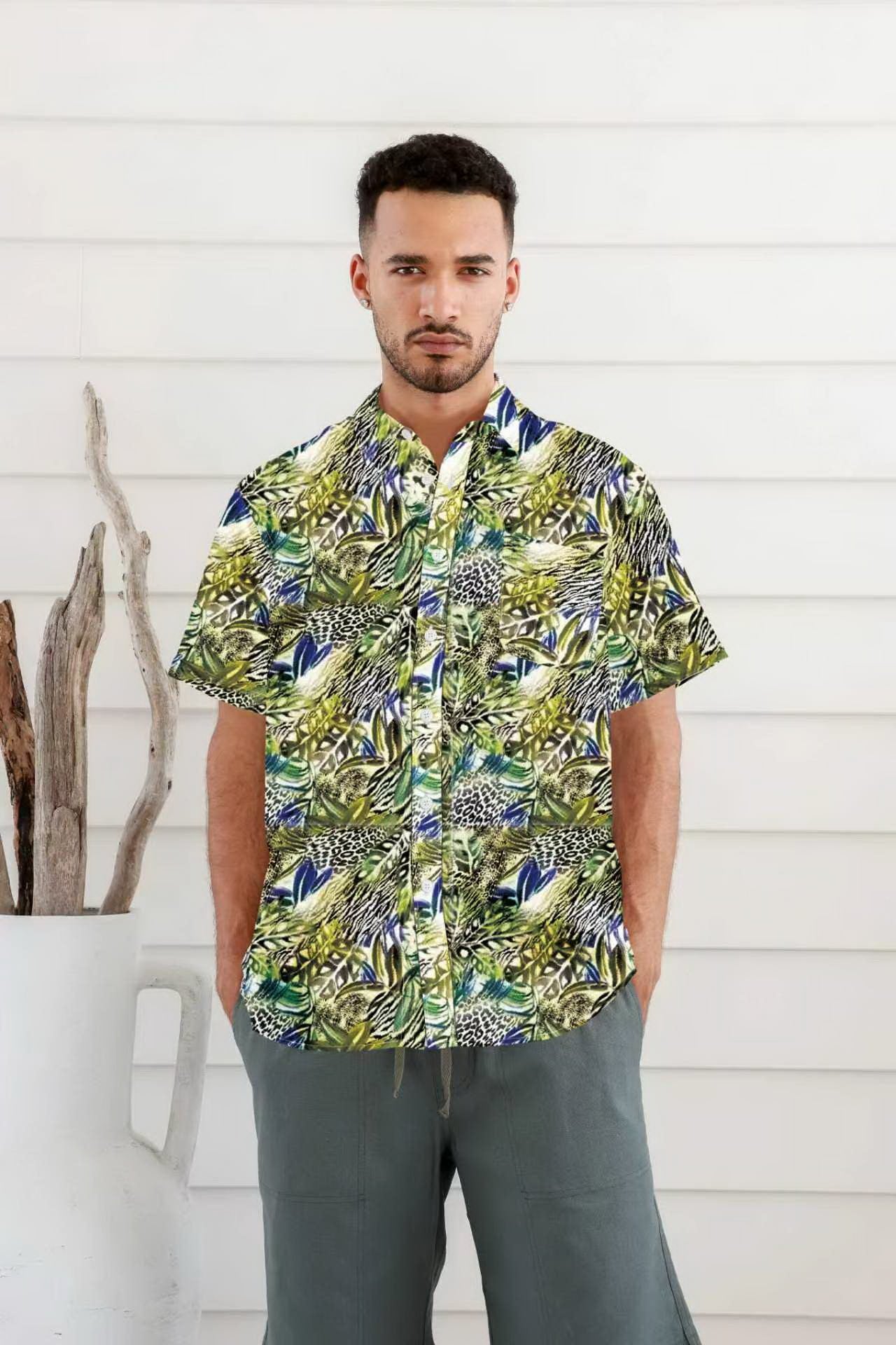 MEN'S HEMP COTTON FLORAL SHORT SLEEVES SHIRT