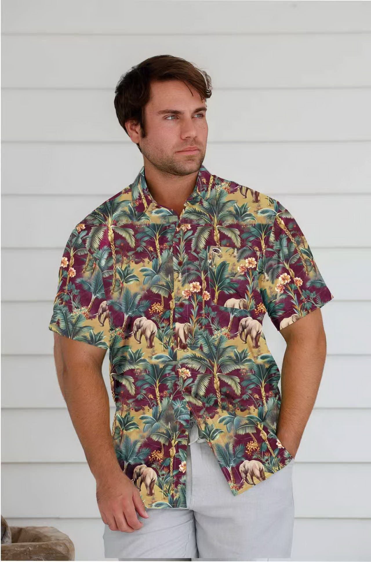 MEN'S HEMP COTTON FLORAL SHORT SLEEVES SHIRT